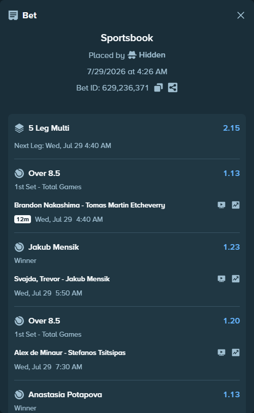 Bet slip: Terence Atmane - Alejandro Tabilo, $21,872.34 stake at 1.14 odds, placed by Hidden