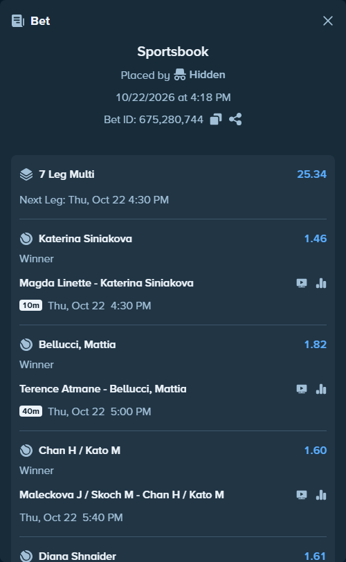 Bet slip: Terence Atmane - Bellucci, Mattia, $10,000.00 stake at 1.82 odds, placed by Hidden