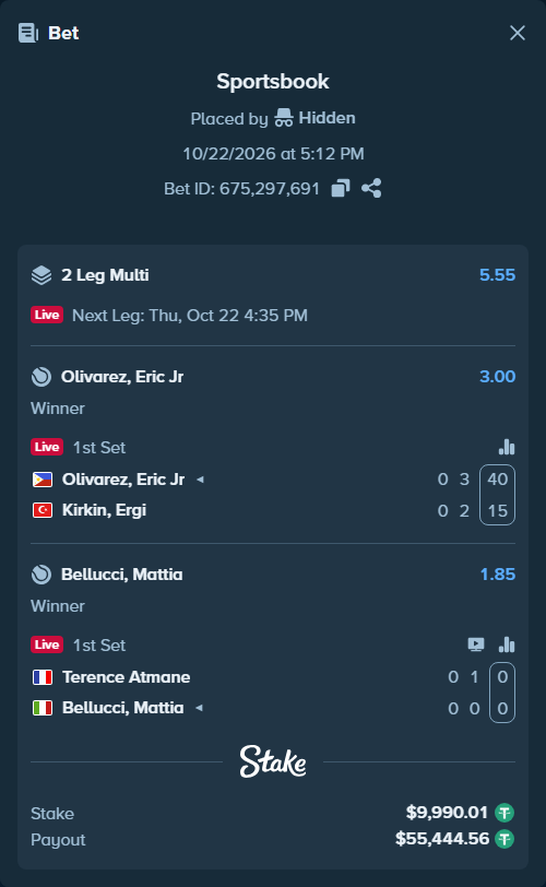 Bet slip: Terence Atmane - Bellucci, Mattia, $10,000.00 stake at 1.85 odds, placed by Hidden