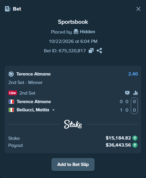 Bet slip: Terence Atmane - Bellucci, Mattia, $15,200.00 stake at 2.40 odds, placed by Zackocracko26