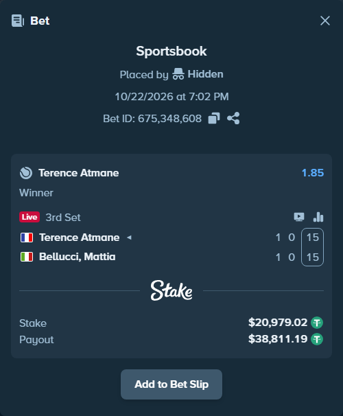 Bet slip: Terence Atmane - Bellucci, Mattia, $21,000.00 stake at 1.85 odds, placed by Zackocracko26