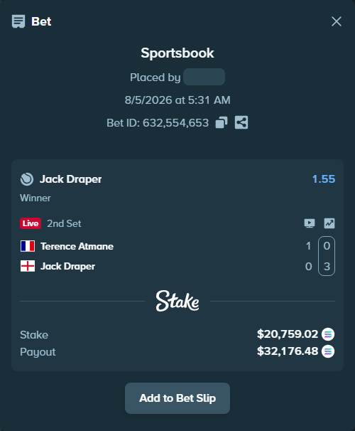 Bet slip: Terence Atmane - Jack Draper, $20,335.36 stake at 1.55 odds, placed by Mashko21