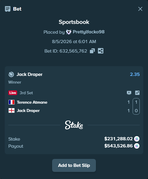 Bet slip: Terence Atmane - Jack Draper, $227,408.19 stake at 2.35 odds, placed by Prettylfacko98