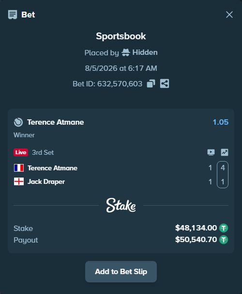 Bet slip: Terence Atmane - Jack Draper, $48,182.13 stake at 1.05 odds, placed by Hidden