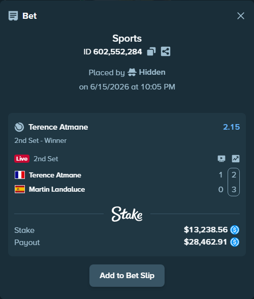 Bet slip: Terence Atmane - Martin Landaluce, $13,238.56 stake at 2.15 odds, placed by Hidden