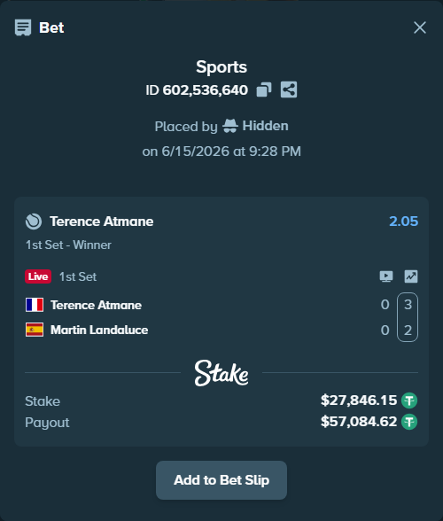 Bet slip: Terence Atmane - Martin Landaluce, $27,874.00 stake at 2.05 odds, placed by Hidden