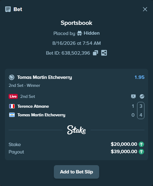 Bet slip: Terence Atmane - Tomas Martin Etcheverry, $20,020.00 stake at 1.95 odds, placed by Hidden