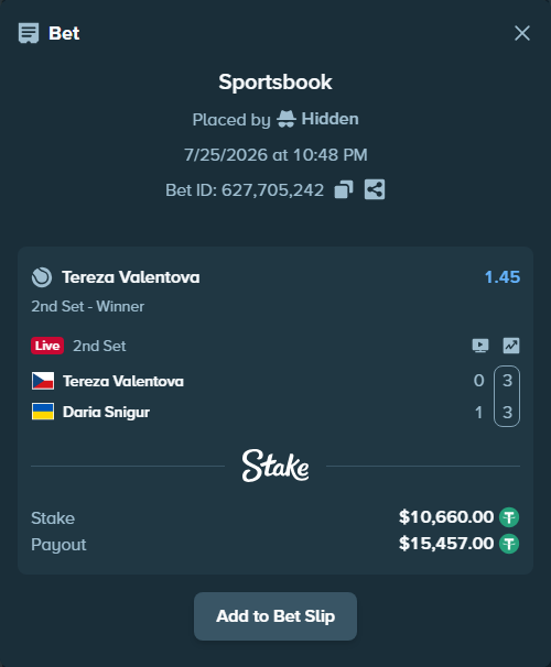 Bet slip: Tereza Valentova - Daria Snigur, $10,670.66 stake at 1.45 odds, placed by Hidden