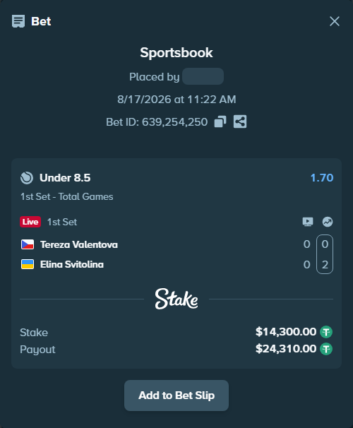 Bet slip: Tereza Valentova - Elina Svitolina, $14,314.30 stake at 1.70 odds, placed by privetmedvet15