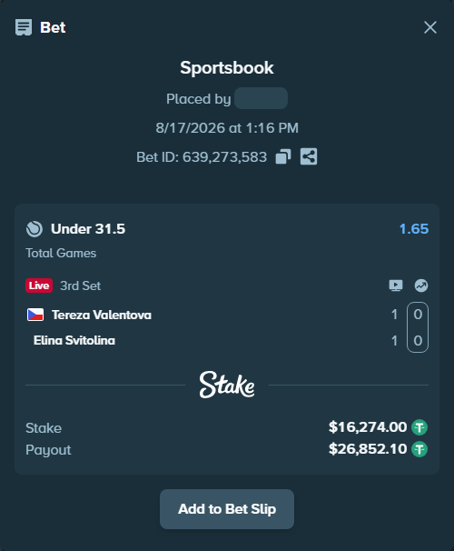 Bet slip: Tereza Valentova - Elina Svitolina, $16,290.27 stake at 1.65 odds, placed by privetmedvet15