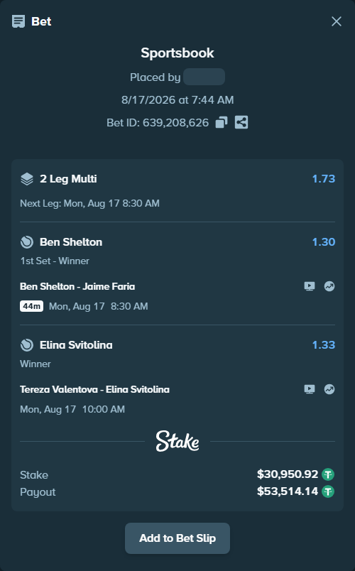 Bet slip: Tereza Valentova - Elina Svitolina, $30,981.87 stake at 1.33 odds, placed by Davidbushel1