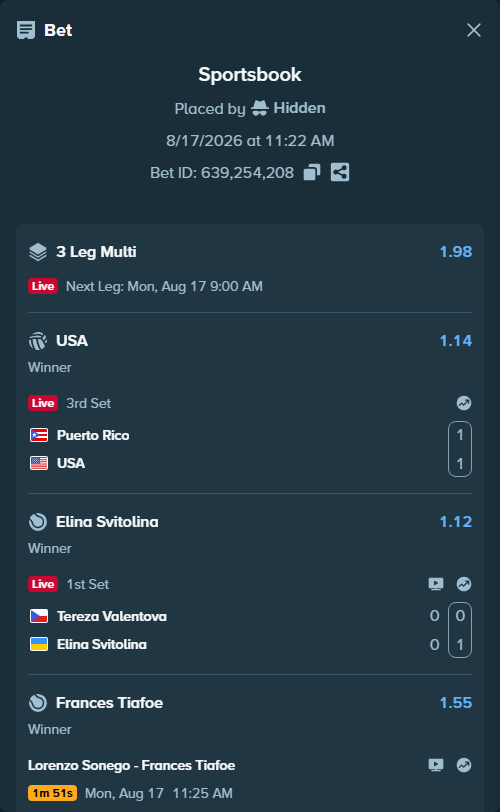 Bet slip: Tereza Valentova - Elina Svitolina, $45,000.00 stake at 1.12 odds, placed by Hidden