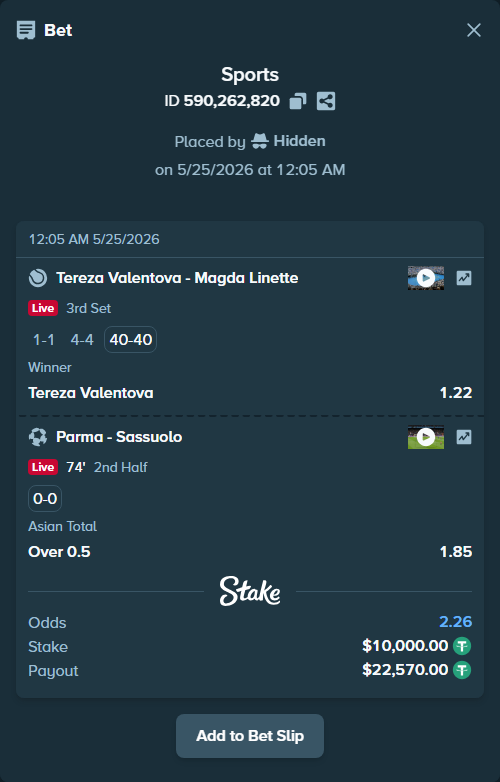 Bet slip: Tereza Valentova - Magda Linette, $10,000.00 stake at 1.22 odds, placed by Hidden