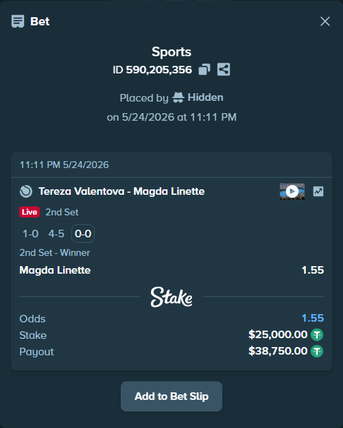 Bet slip: Tereza Valentova - Magda Linette, $25,000.00 stake at 1.55 odds, placed by Hidden