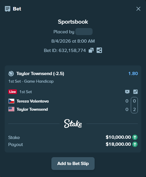 Bet slip: Tereza Valentova - Taylor Townsend, $10,010.00 stake at 1.80 odds, placed by Jan4iks