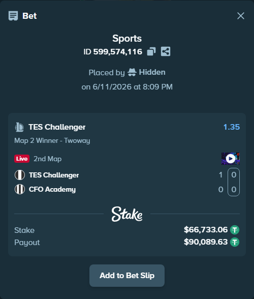 Bet slip: TES Challenger - CFO Academy, $66,799.79 stake at 1.35 odds, placed by Hidden