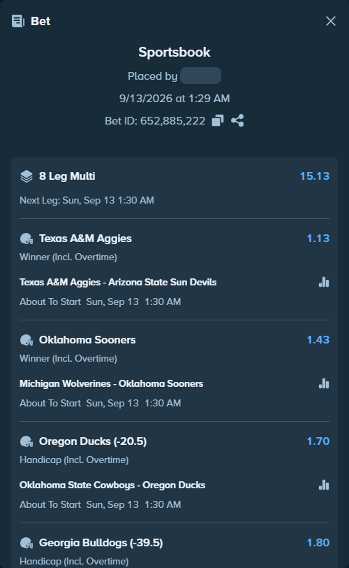 Bet slip: Texas A&M Aggies - Arizona State Sun Devils, $13,980.00 stake at 1.13 odds, placed by 12quant