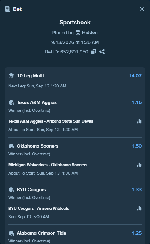 Bet slip: Texas A&M Aggies - Arizona State Sun Devils, $21,451.71 stake at 1.16 odds, placed by Hidden