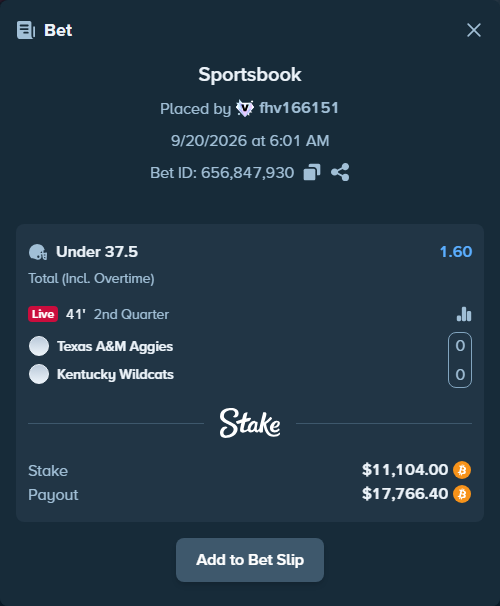 Bet slip: Texas A&M Aggies - Kentucky Wildcats, $10,967.26 stake at 1.60 odds, placed by fhv166151
