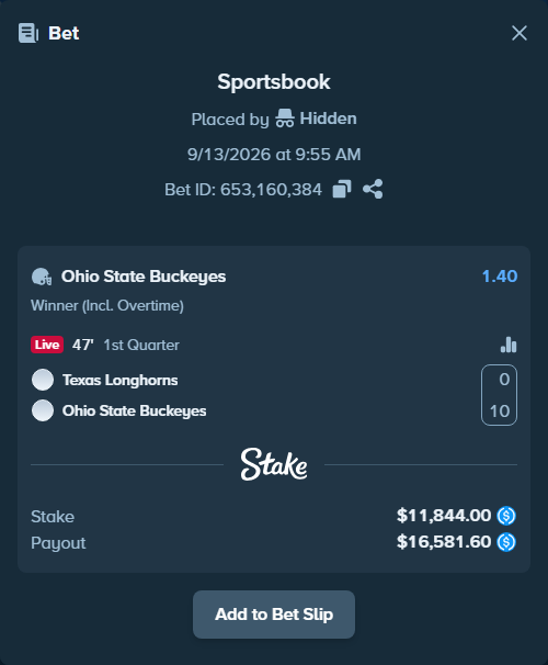 Bet slip: Texas Longhorns - Ohio State Buckeyes, $11,844.00 stake at 1.40 odds, placed by Hidden