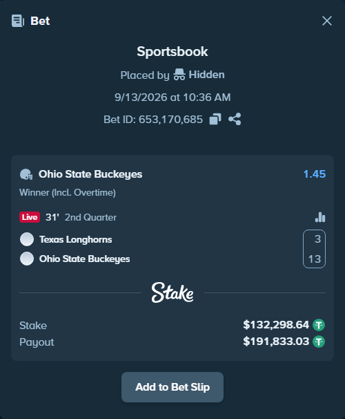 Bet slip: Texas Longhorns - Ohio State Buckeyes, $132,298.64 stake at 1.45 odds, placed by Hidden