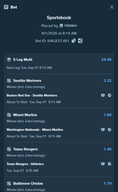 Bet slip: Texas Rangers - Athletics, $50,000.00 stake at 1.46 odds, placed by Hidden