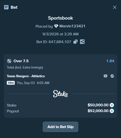 Bet slip: Texas Rangers - Athletics, $50,505.84 stake at 1.84 odds, placed by Marvin123421