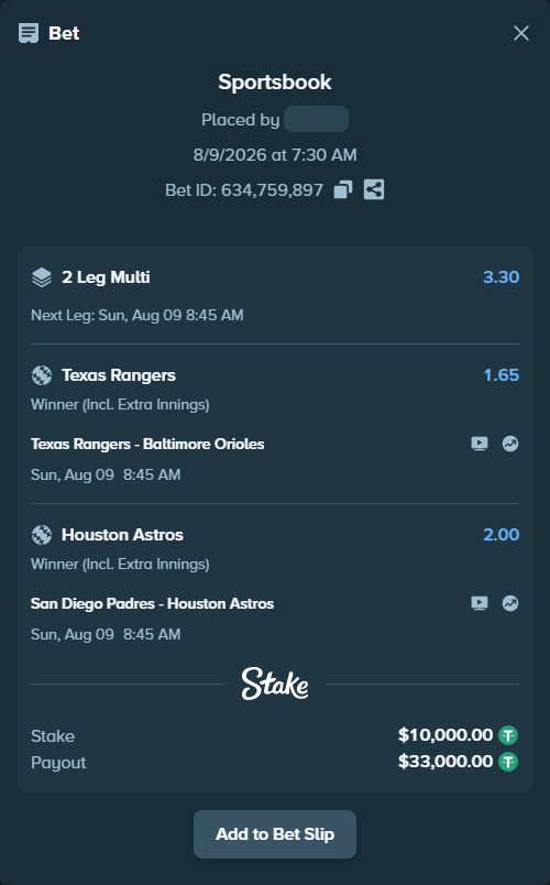 Bet slip: Texas Rangers - Baltimore Orioles, $10,010.00 stake at 1.65 odds, placed by djawoals