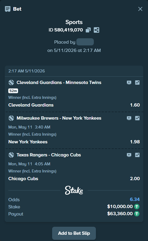 Bet slip: Texas Rangers - Chicago Cubs, $10,000.00 stake at 2.00 odds, placed by Enrique2777