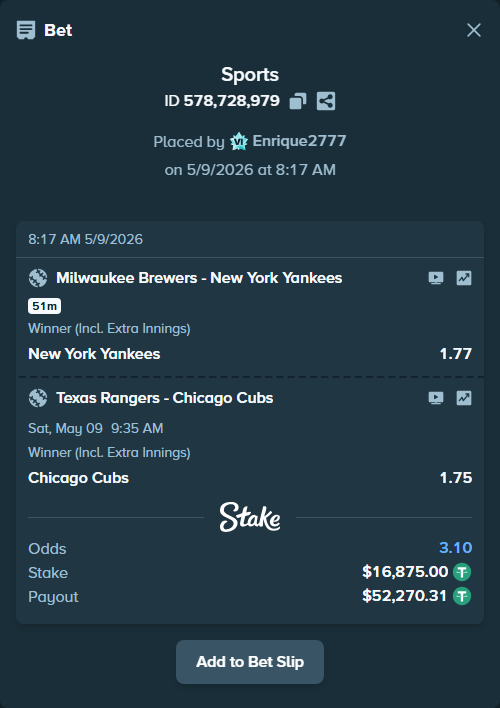 Bet slip: Texas Rangers - Chicago Cubs, $16,875.00 stake at 1.75 odds, placed by Enrique2777