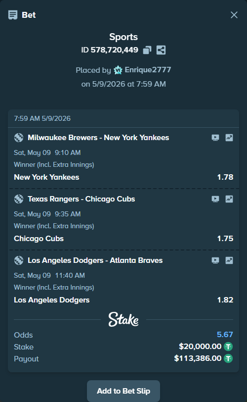 Bet slip: Texas Rangers - Chicago Cubs, $20,000.00 stake at 1.75 odds, placed by Enrique2777