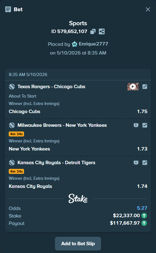 Bet slip: Texas Rangers - Chicago Cubs, $22,337.00 stake at 1.75 odds, placed by Enrique2777
