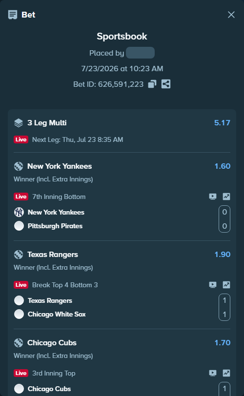 Bet slip: Texas Rangers - Chicago White Sox, $21,589.00 stake at 1.90 odds, placed by Olympusy