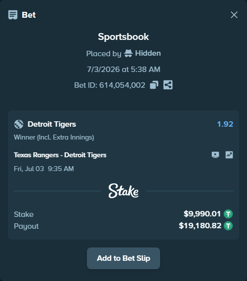 Bet slip: Texas Rangers - Detroit Tigers, $10,000.00 stake at 1.92 odds, placed by Hidden