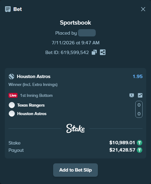 Bet slip: Texas Rangers - Houston Astros, $11,000.00 stake at 1.95 odds, placed by VadimKotlyar