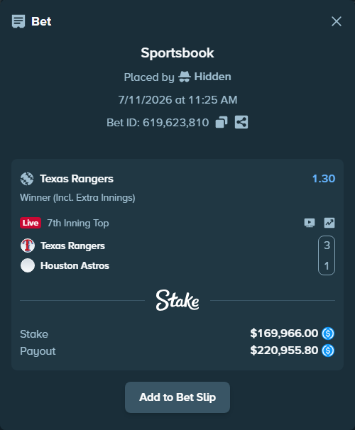 Bet slip: Texas Rangers - Houston Astros, $169,966.00 stake at 1.30 odds, placed by OlegStake27
