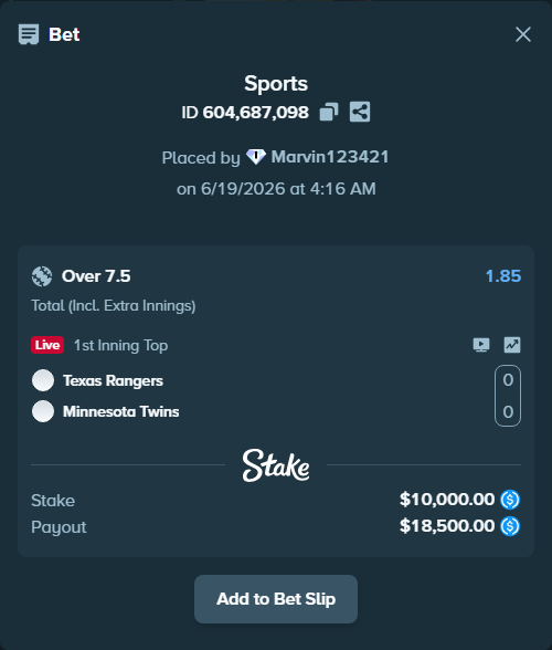 Bet slip: Texas Rangers - Minnesota Twins, $10,000.00 stake at 1.85 odds, placed by Marvin123421