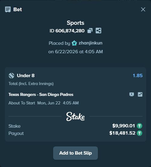 Bet slip: Texas Rangers - San Diego Padres, $10,000.00 stake at 1.85 odds, placed by zhanjinkun