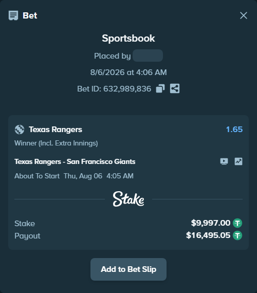 Bet slip: Texas Rangers - San Francisco Giants, $10,007.00 stake at 1.65 odds, placed by Othmane2kiks