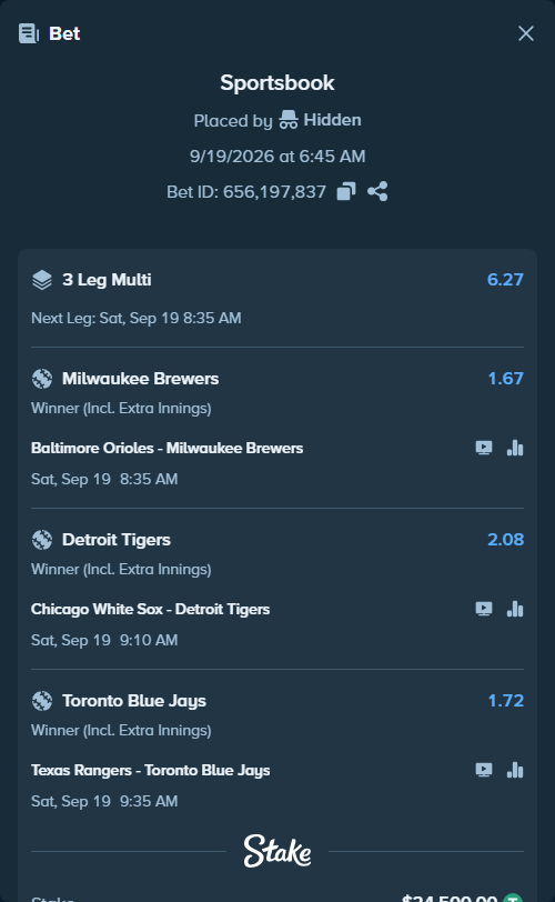 Bet slip: Texas Rangers - Toronto Blue Jays, $24,500.00 stake at 1.72 odds, placed by Hidden