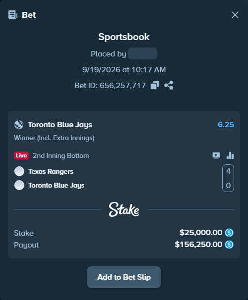 Bet slip: Texas Rangers - Toronto Blue Jays, $25,000.00 stake at 6.25 odds, placed by Cabrzy