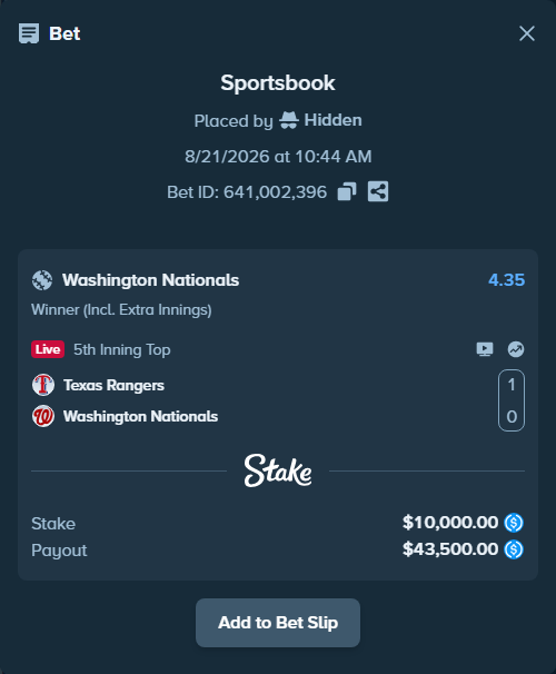 Bet slip: Texas Rangers - Washington Nationals, $10,000.00 stake at 4.35 odds, placed by Hidden