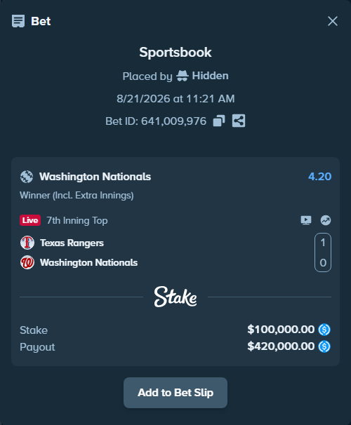 Bet slip: Texas Rangers - Washington Nationals, $100,000.00 stake at 4.20 odds, placed by Hidden