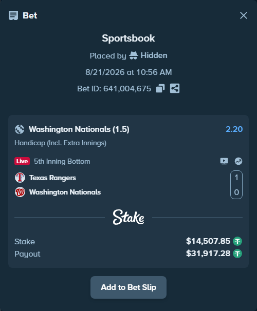 Bet slip: Texas Rangers - Washington Nationals, $14,507.85 stake at 2.20 odds, placed by Hidden