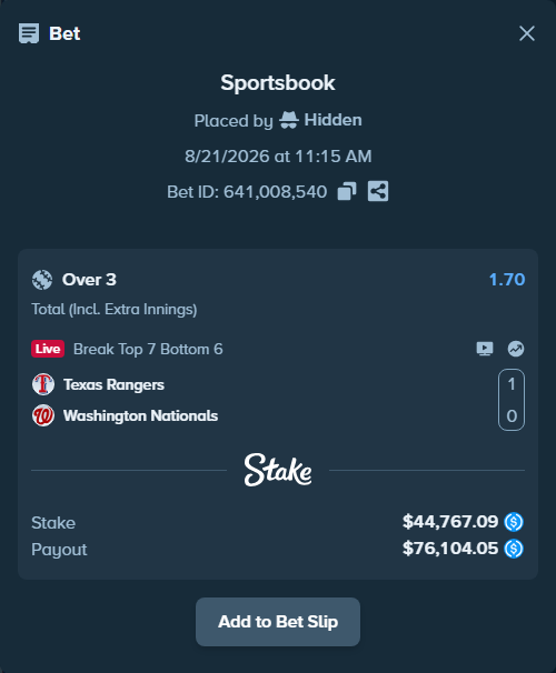 Bet slip: Texas Rangers - Washington Nationals, $44,767.09 stake at 1.70 odds, placed by Hidden