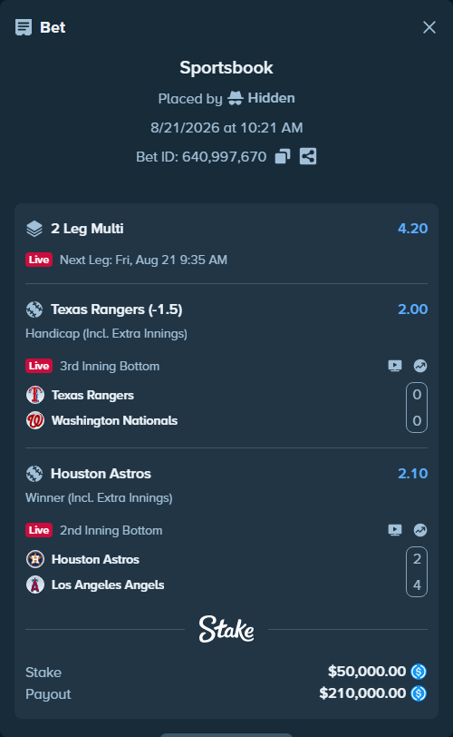 Bet slip: Texas Rangers - Washington Nationals, $50,000.00 stake at 2.00 odds, placed by Hidden