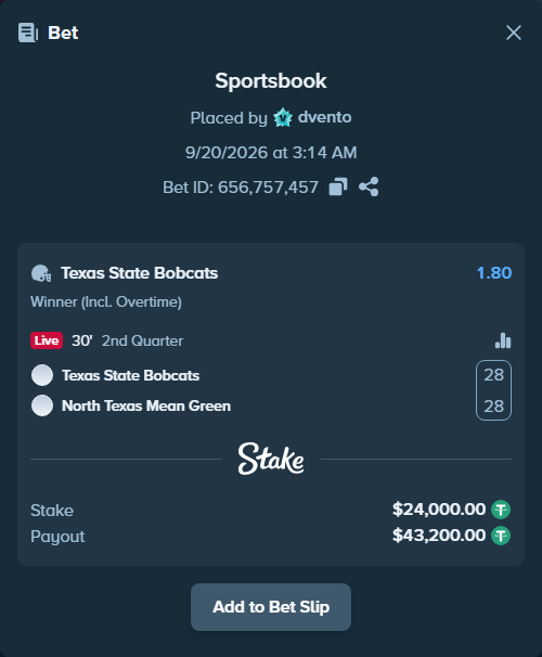 Bet slip: Texas State Bobcats - North Texas Mean Green, $24,000.00 stake at 1.80 odds, placed by dvento