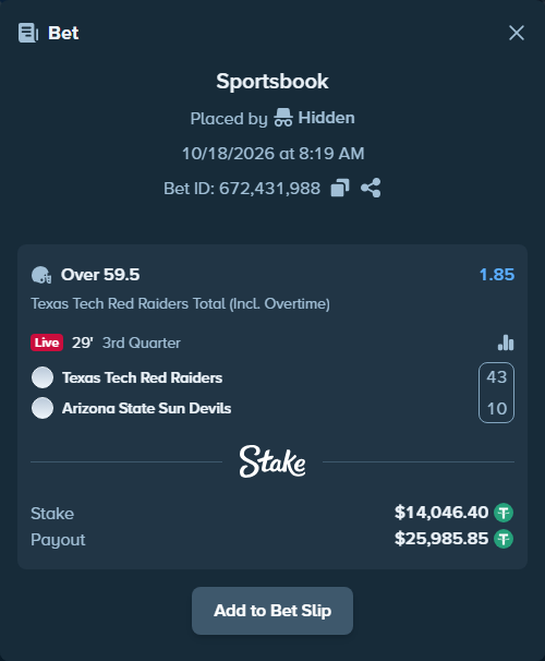 Bet slip: Texas Tech Red Raiders - Arizona State Sun Devils, $14,060.45 stake at 1.85 odds, placed by Hidden