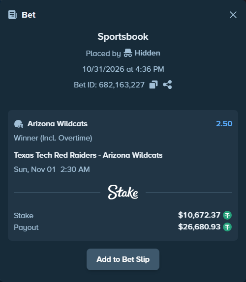 Bet slip: Texas Tech Red Raiders - Arizona Wildcats, $10,683.04 stake at 2.50 odds, placed by Hidden