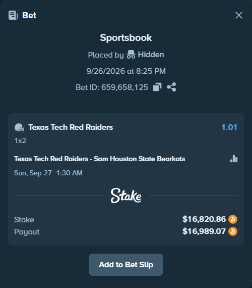 Bet slip: Texas Tech Red Raiders - Sam Houston State Bearkats, $16,940.40 stake at 1.01 odds, placed by megah29
